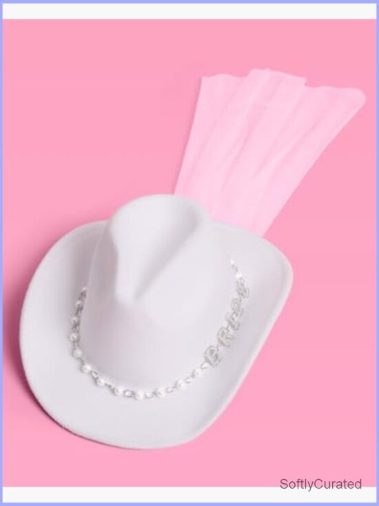White Felt Cowgirl Hat with Rhinestone Bride & Veil - Bachelorette Party main image 6
